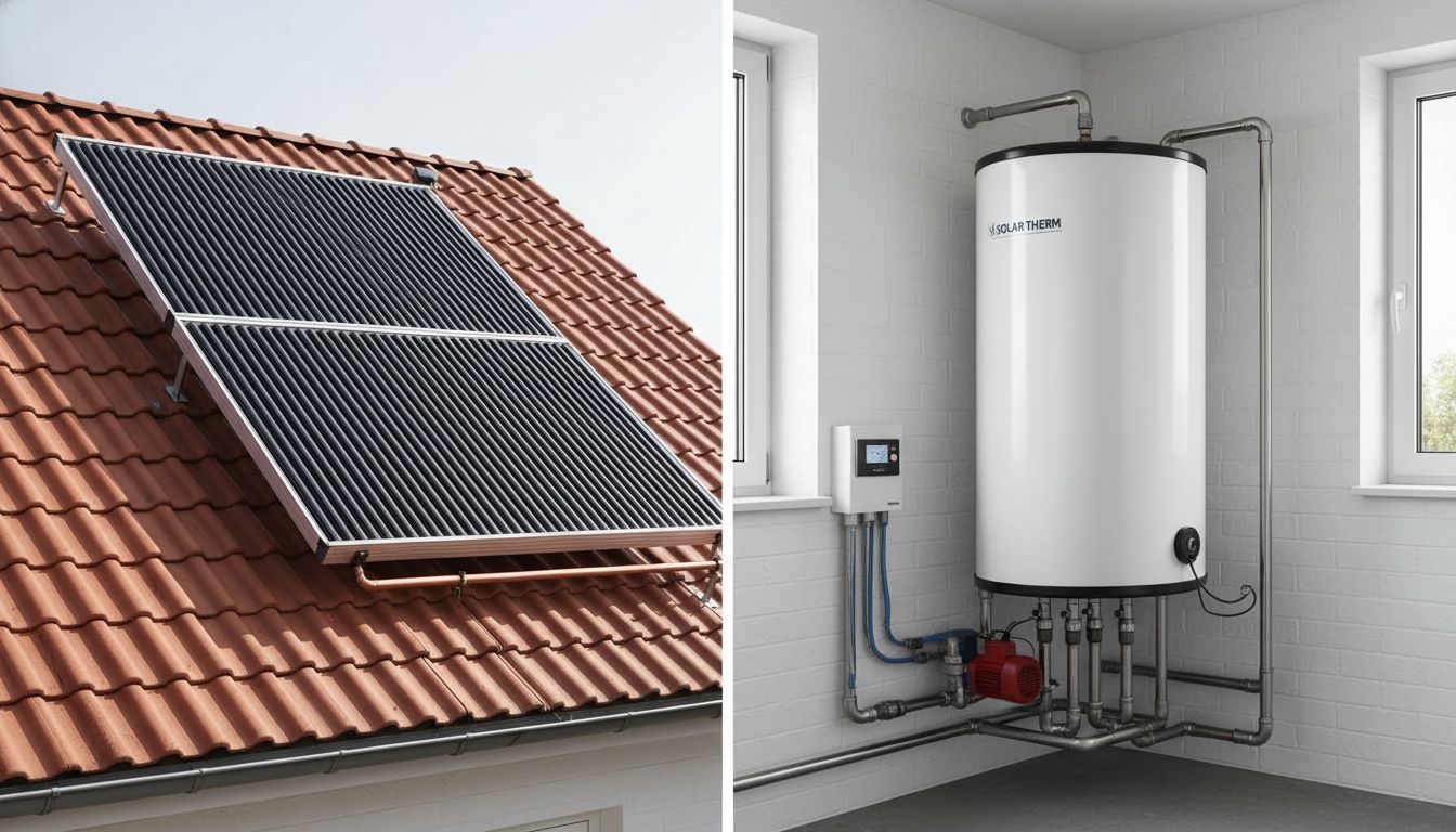 Split solar water heater with evacuated tube collectors on the roof and an indoor storage tank with pump and controller